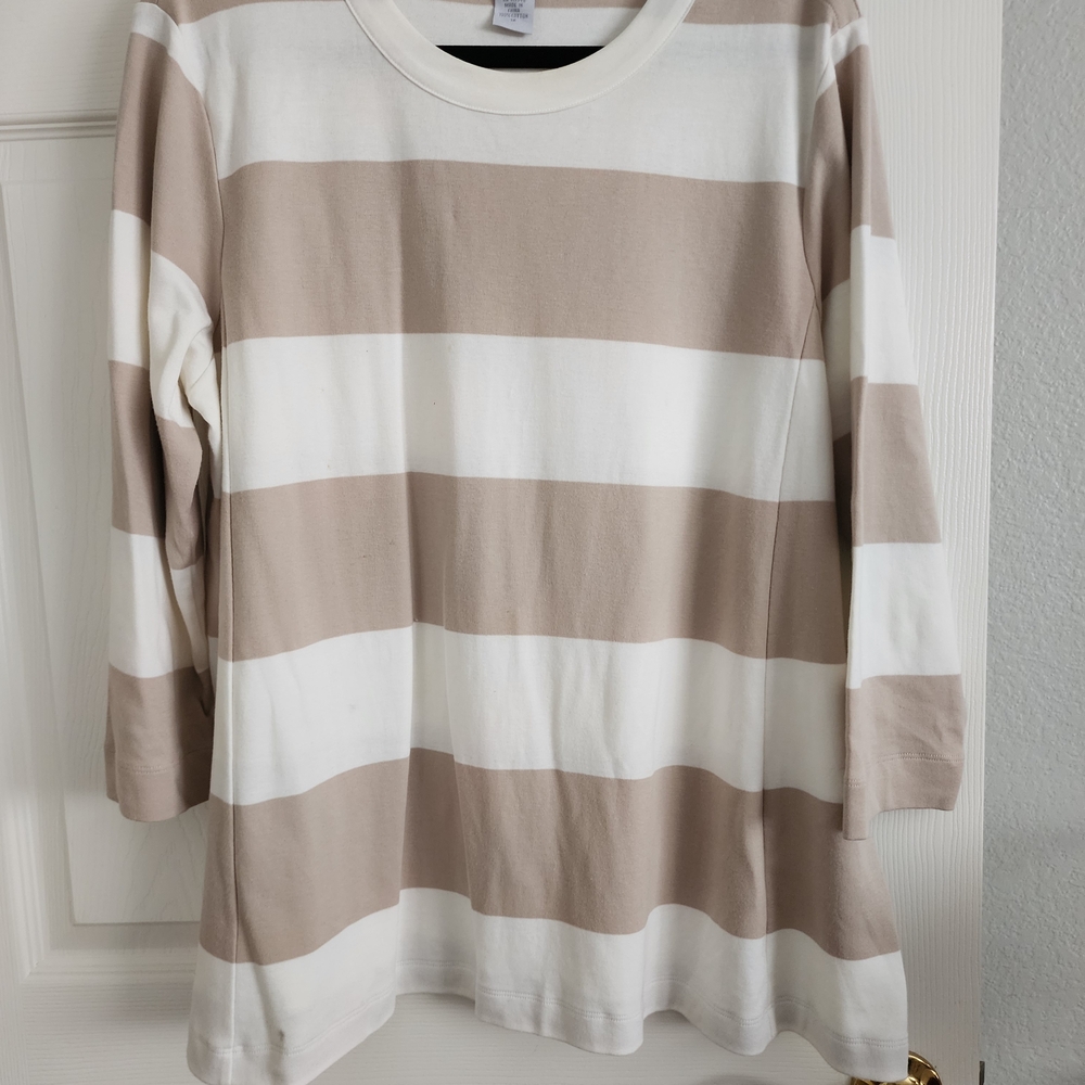 Striped Long Sleeve Tunic Sweatshirt - Beige & White